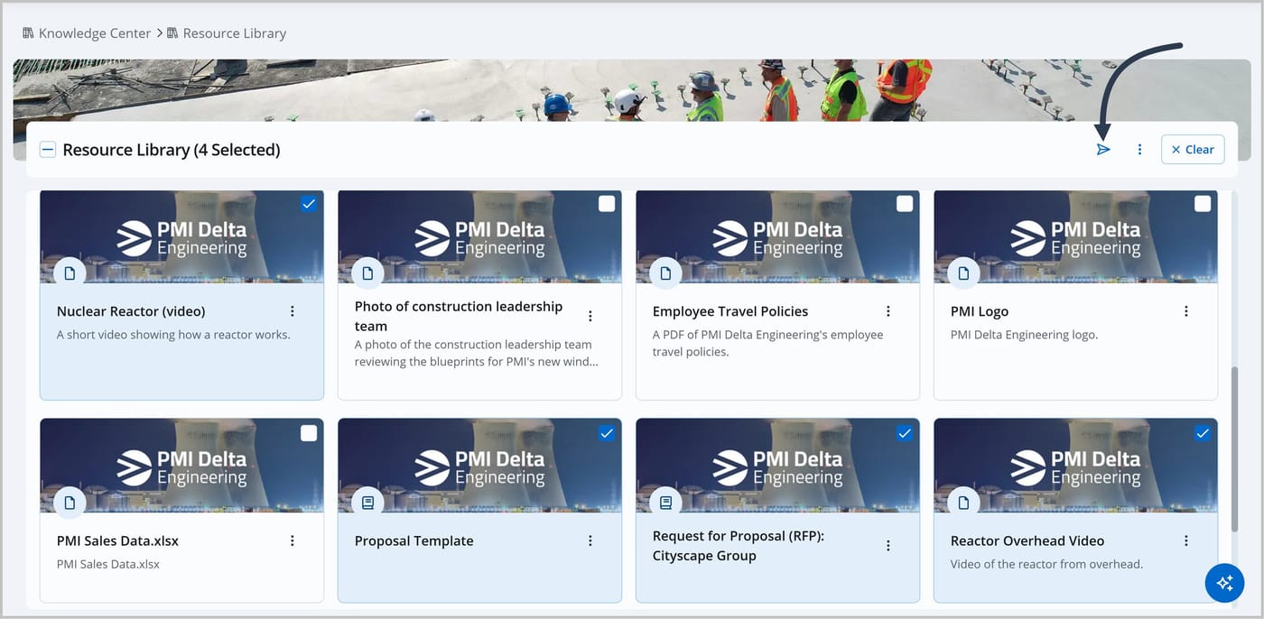 The Knowledge Center. Four asset cards are selected. An arrow points to the Assign icon in the header, which can be clicked to assign all four selected assets.