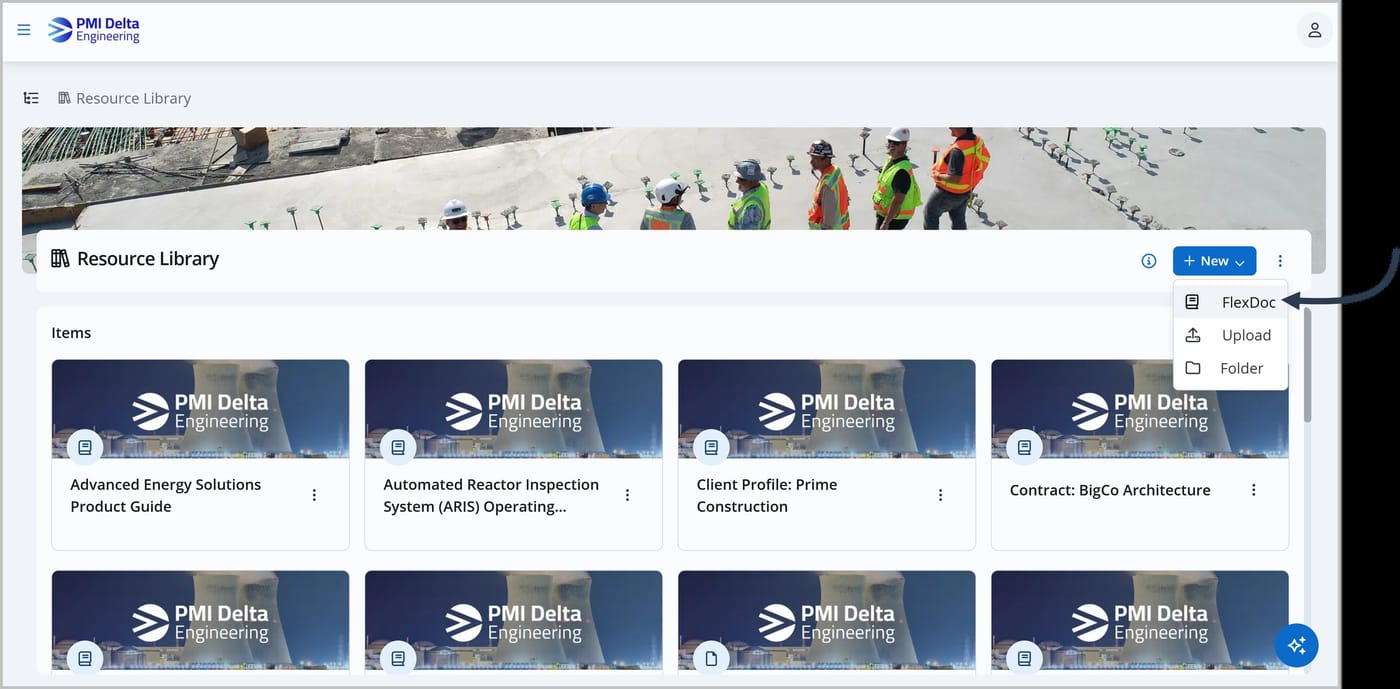 The Knowledge Center in Joy with an arrow pointing to the FlexDoc option in the +New dropdown.