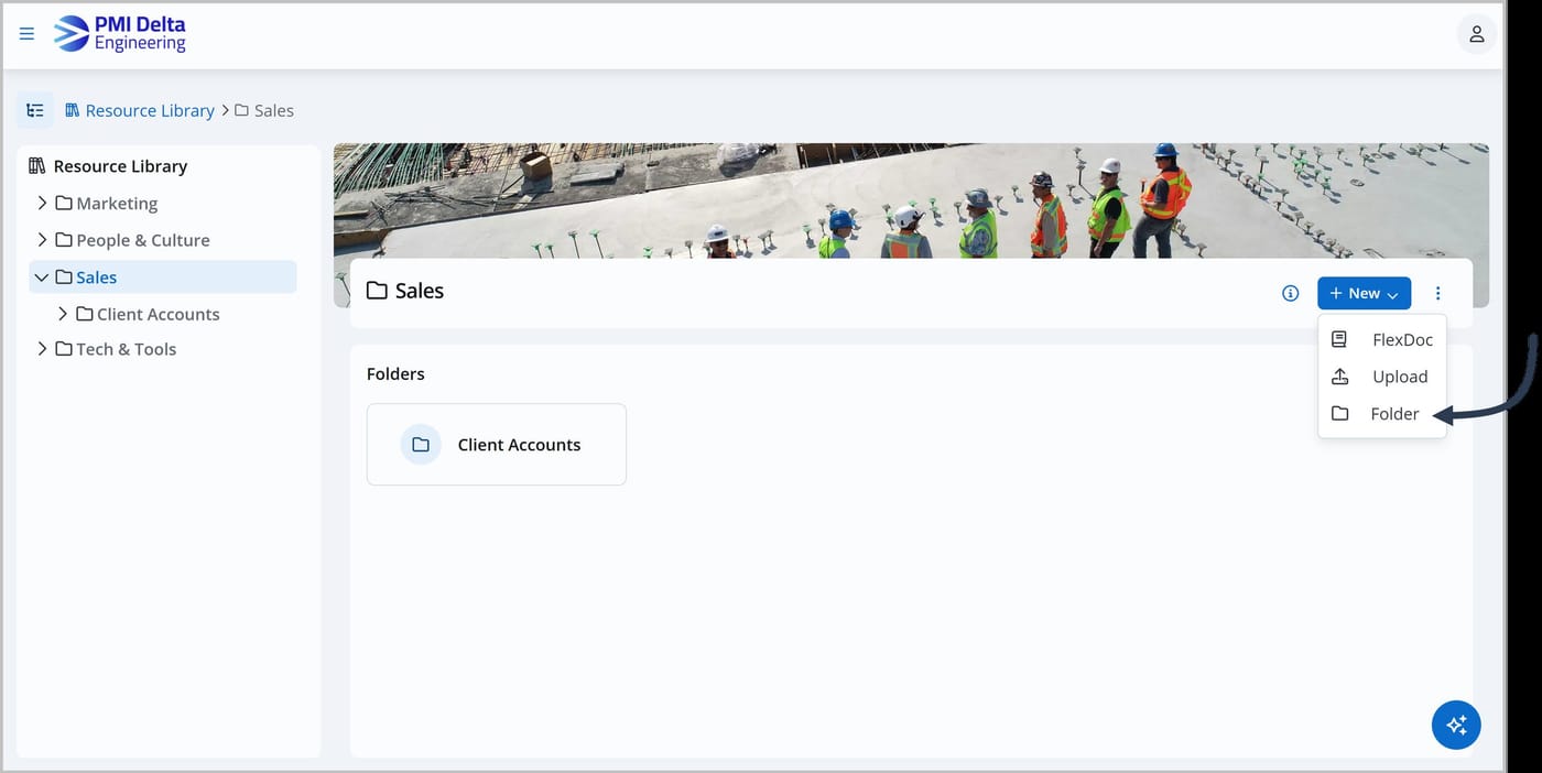 The Knowledge Center, inside the Sales folder. The "+ New" button has been clicked, and a dropdown menu with options for FlexDoc, Upload, and Folder is shown. An arrow points to the Folder option.