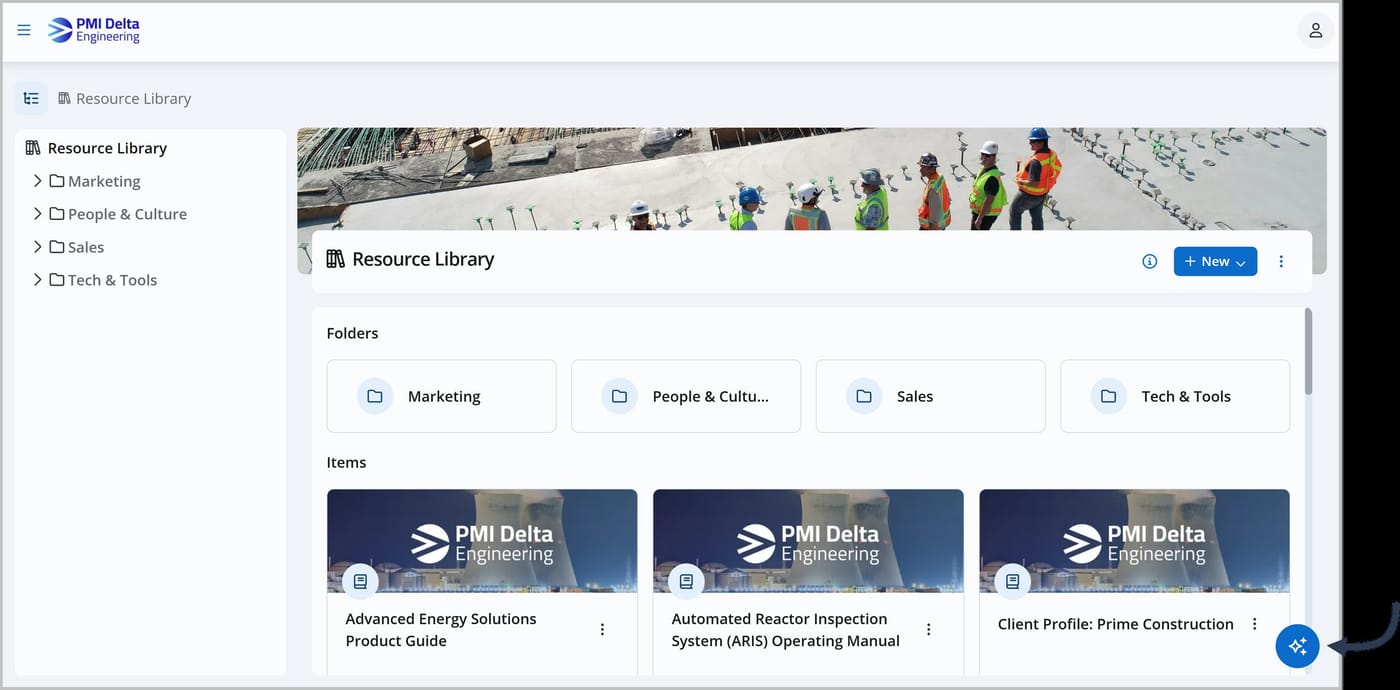 The Knowledge Center is displayed with several cards representing different folders assets. An arrow points to an icon in the bottom right corner of the screen which, when clicked, opens the Knowledge Assistant.