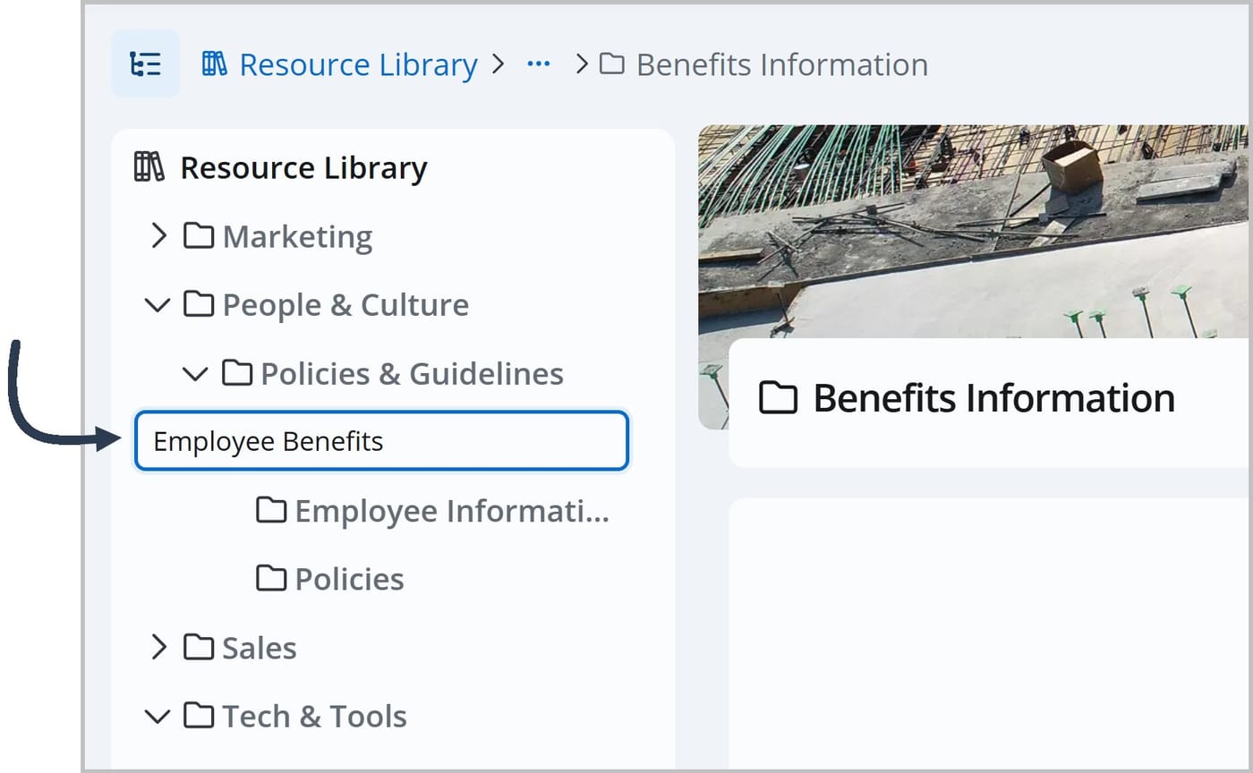 The Knowledge Center's menu. An arrow points to the "Employee Benefits" folder, which is highlighted to show it is being renamed.