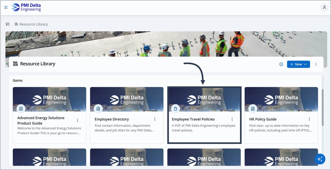 The Knowledge Center showing several asset cards. An arrow points to the Employee Travel Policies card.