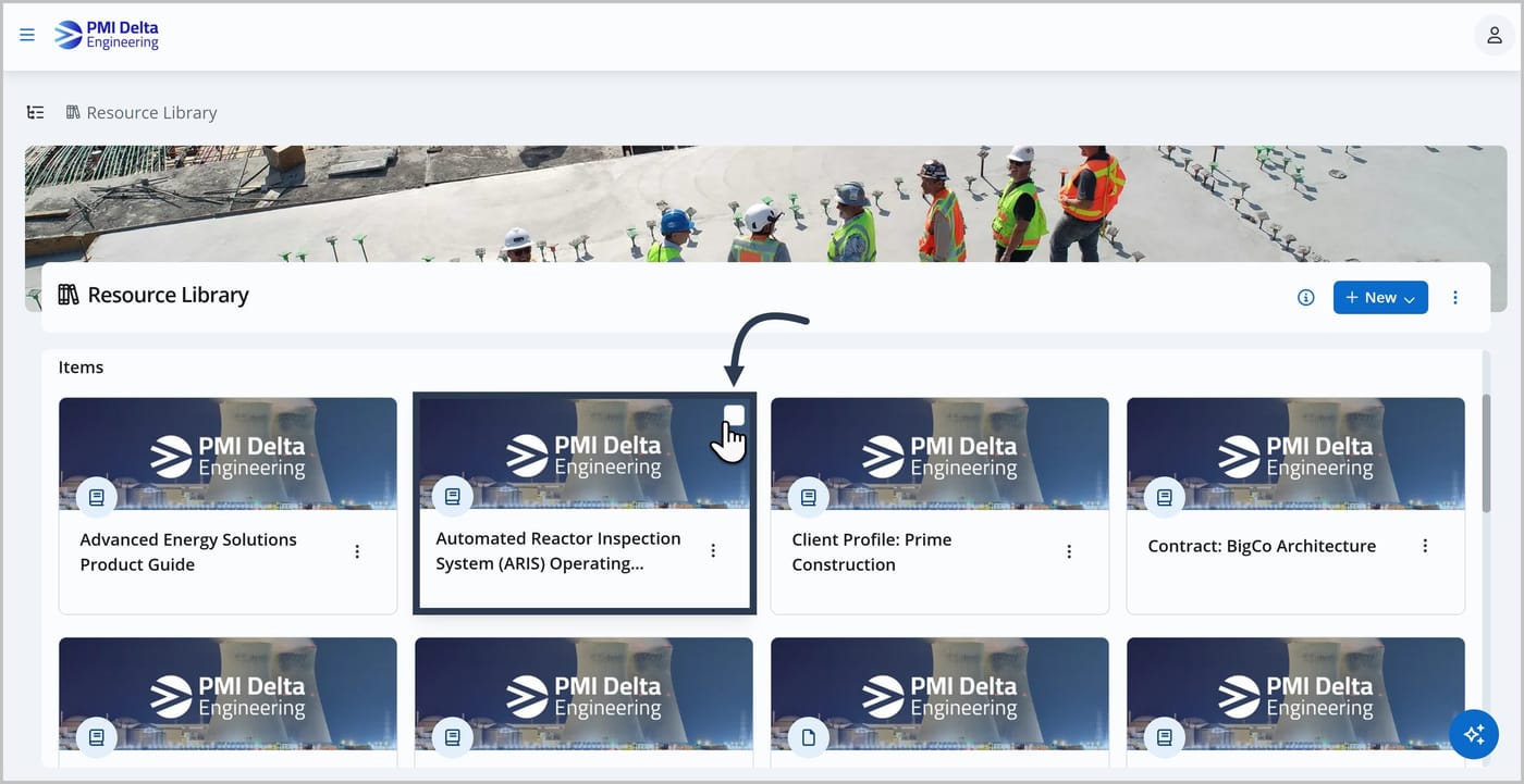 The Knowledge Center. The user's cursor is hovering over the card for an asset called Automated Reaction Inspection System. An arrow is pointing to the checkbox on the card that appears while hovering over it.