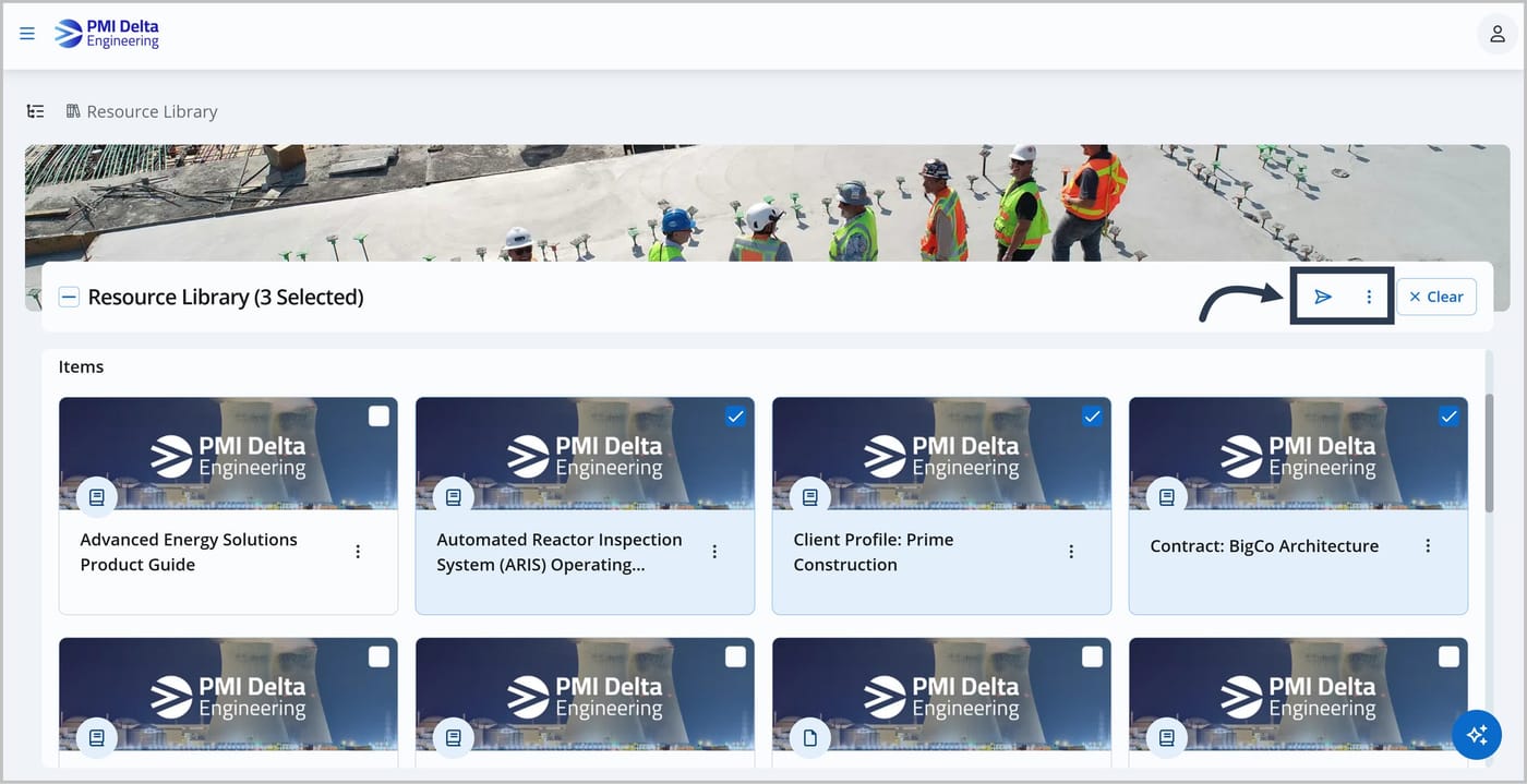 The Knowledge Center with three asset cards selected and an arrow pointing to the action icons in the header