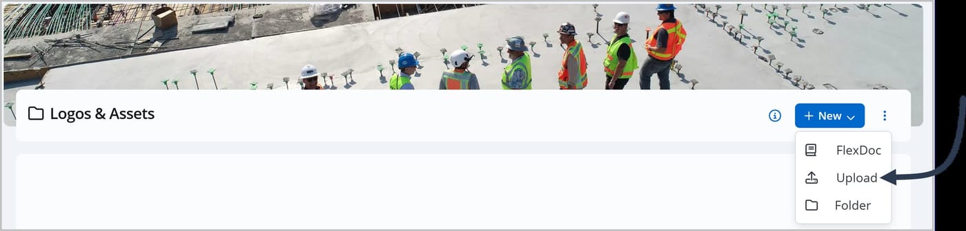 The Knowledge Center with a dropdown menu open after clicking the +New button. An arrow is pointing to the Upload option in the menu.