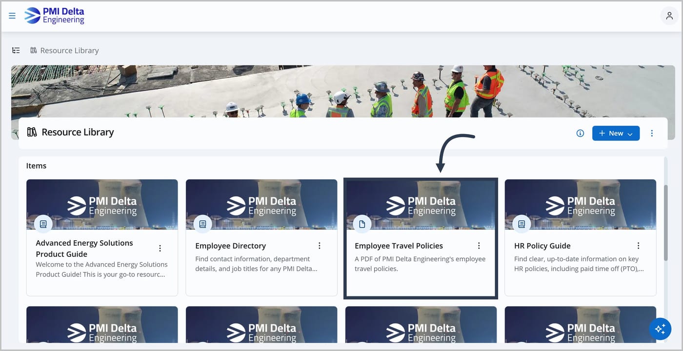 The Knowledge Center with an arrow pointing to a file's card. The card is titled "Employee Travel Policies" and is highlighted with a dark border.