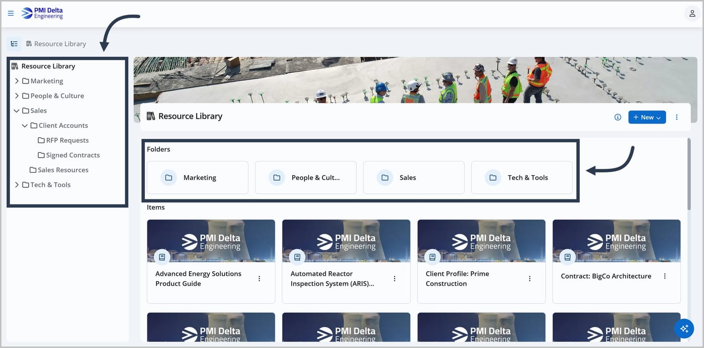 The Knowledge Center with an arrow pointing to menu on the left. The menu contains multiple folders and sub-folders. A second arrow is pointing to the Folders section in the main view. Four folders are shown as cards and called Marketing, People and Culture, Sales, and Tech and Tools. They appear above an Items section featuring several assets.