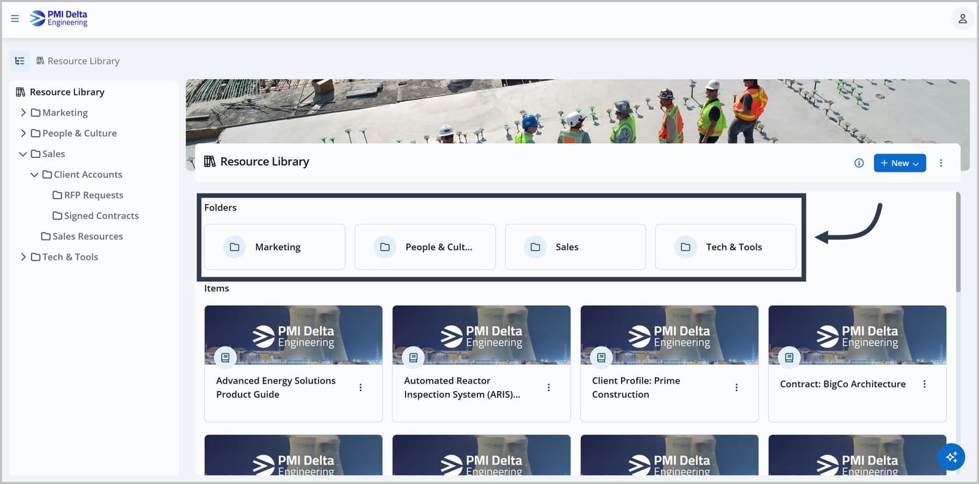 The Knowledge Center with folders shown in the tree menu on the left and as cards in the main view, above an Items section featuring several assets.