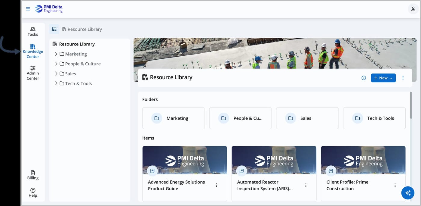 The Knowledge Center with an arrow pointing to the Knowledge Center option in the main menu on the left side of the screen.