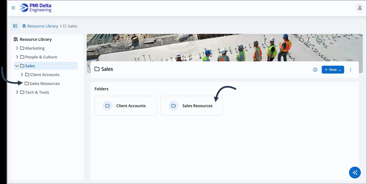 The Knowledge Center with an arrow pointing to the Sales Resources folder in the menu. A second arrow is pointing to the Sales Resources folder's card in the main view.