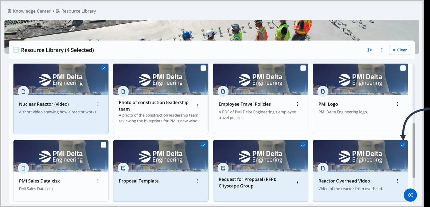 The Knowledge Center with several asset cards displayed. Four cards are selected, and an arrow points to the checkbox of one of the selected assets.