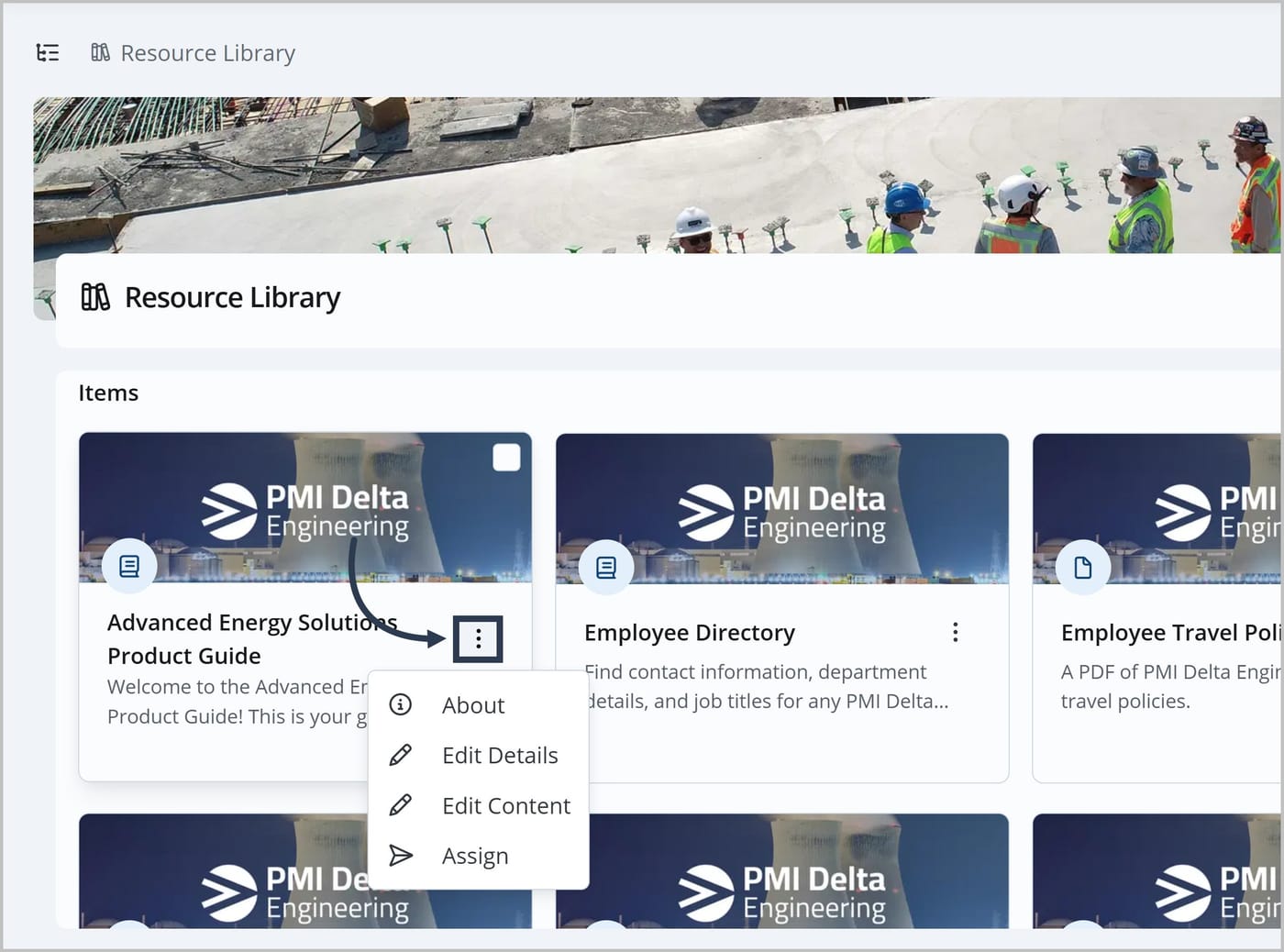 The Knowledge Center with several cards displayed. An arrow is pointing to a the More Actions icon on a card which is open to reveal addition options such as About, Edit Details, Edit Content, and Assign.