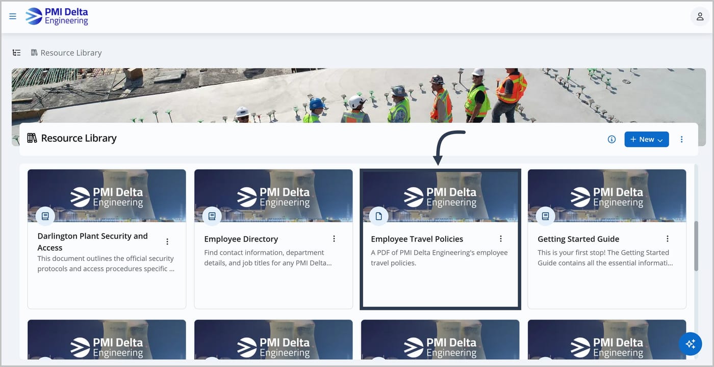 The Knowledge Center with several cards displayed. An arrow is pointing to a card for a file called "Employee Travel Policies", showing its name and a short description.