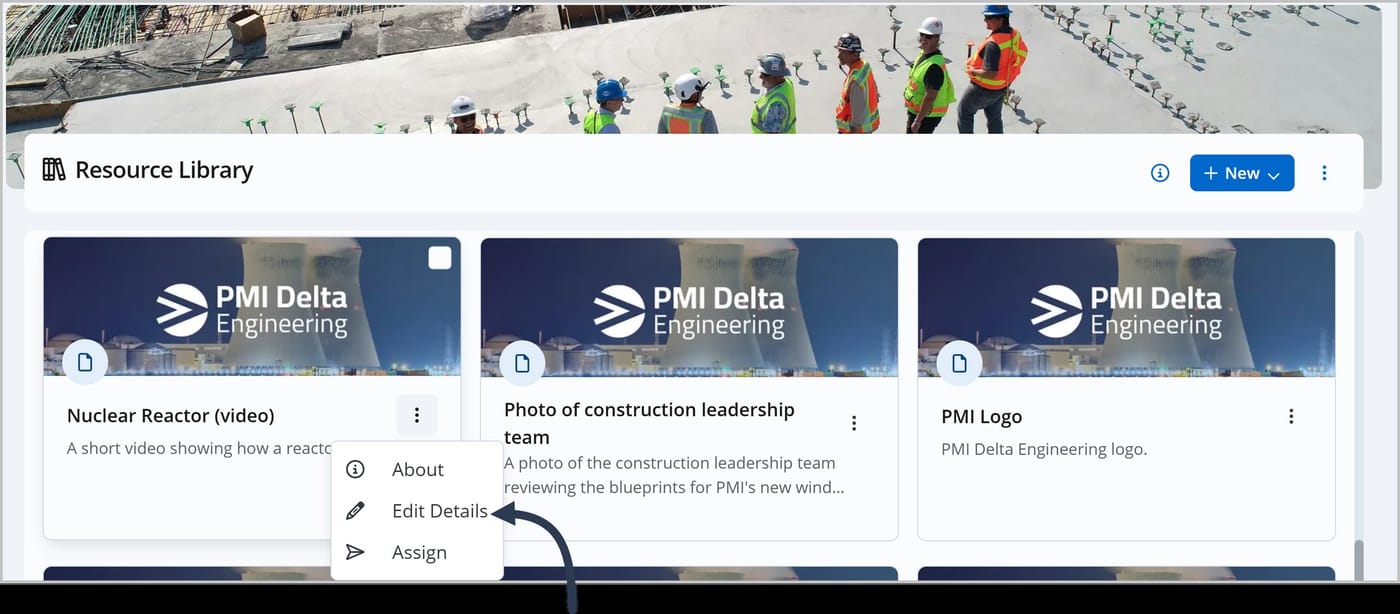 The Knowledge Center with several cards displayed. An arrow points to the More Actions icon on a card for a file called Nuclear Reactor \(Video\) which is open to reveal options that include Edit Details.