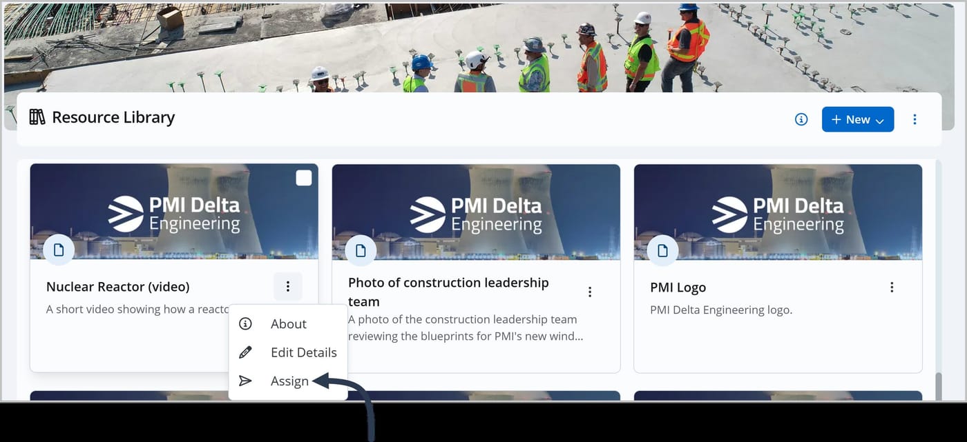 The Knowledge Center with several cards displayed. An arrow points to the More Actions icon on a card, which is open to reveal options including About, Edit Details, Edit Content, and the selected option, Assign.
