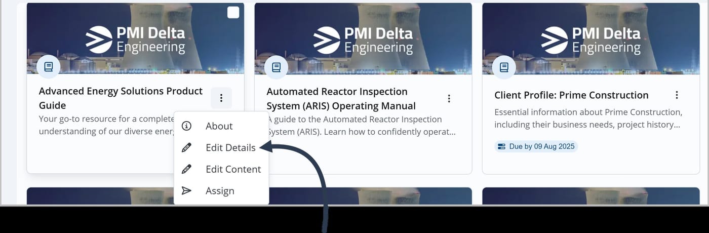 The Knowledge Center with several cards displayed. The More Actions menu is open for a FlexDoc called Advanced Energy Solutions Product Guide. An arrow is pointing to the Edit Details option.
