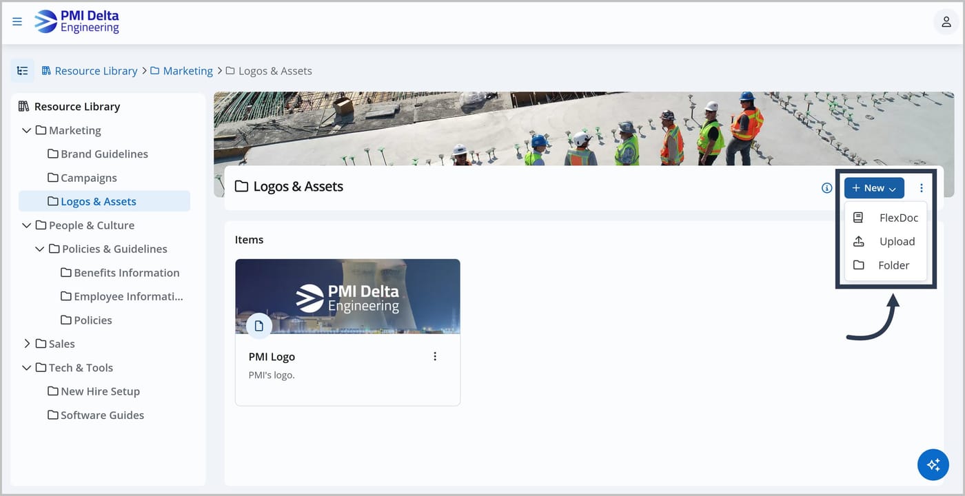 The "Logos and Assets" folder in the Knowledge Center. The + New button is clicked, and its dropdown menu is open, showing options for FlexDoc, Upload, and Folder. An arrow points to the open menu.