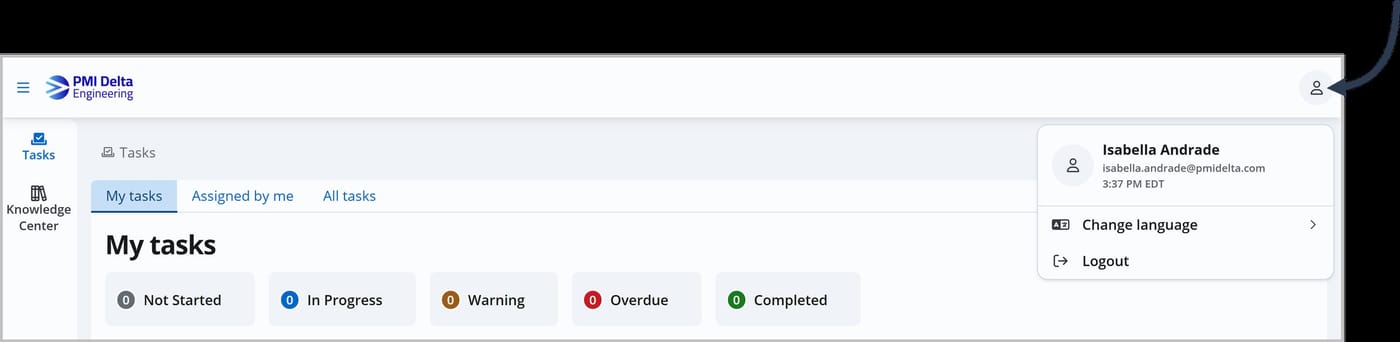 The My Tasks page is shown. The user profile menu has been clicked, showing a popup with user details, a change language option, and a logout option.