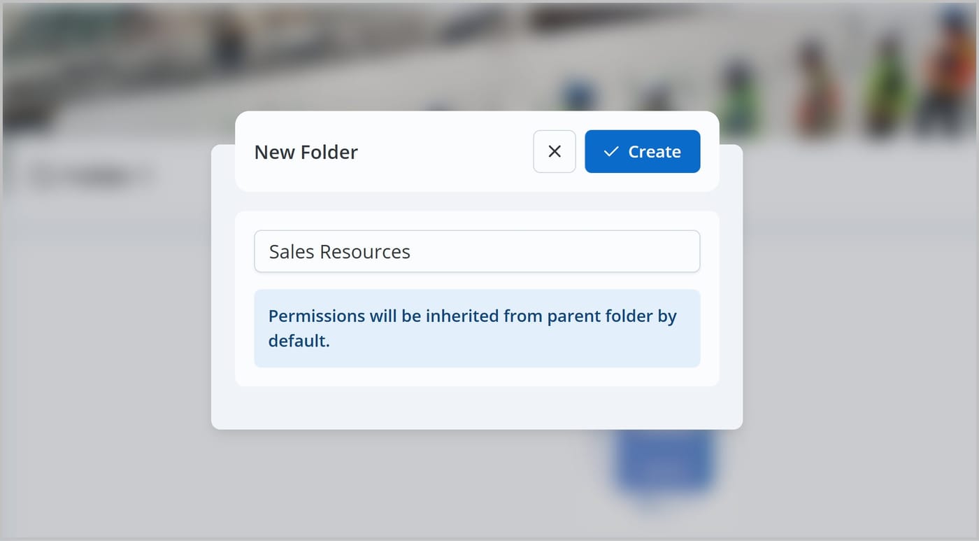 The New Folder window. The name "Sales Resources" is entered in the text field. A note below reads, "Permissions will be inherited from parent folder by default." A Create button is visible in the header.