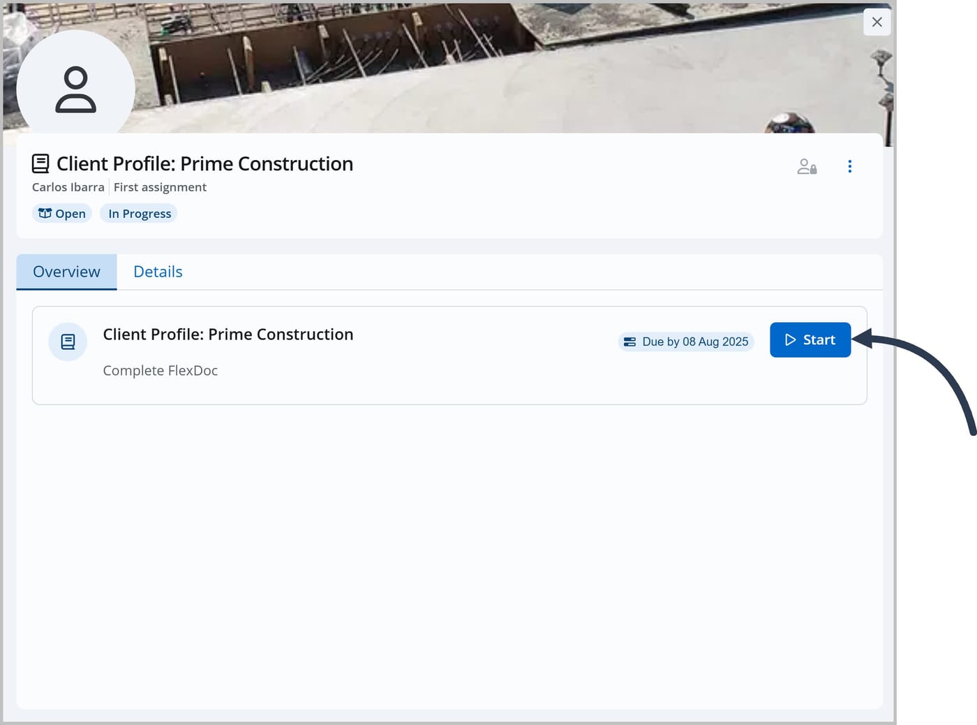The task window for Client Profile: Prime Construction with the Overview tab selected and an arrow pointing to the Start button.