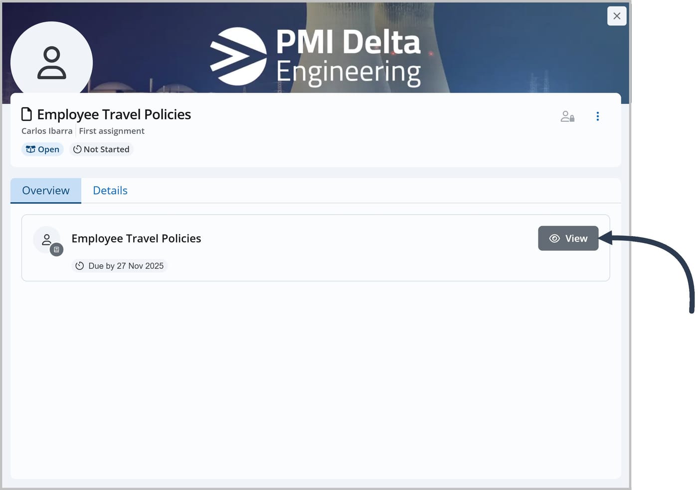 The task window for Employee Travel Policies. The Overview tab is selected. An arrow points to the View button.