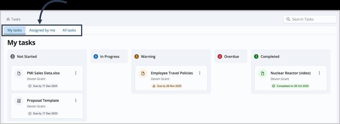 The Tasks page with arrows pointing to the My tasks, Assigned by me, and All tasks tabs.