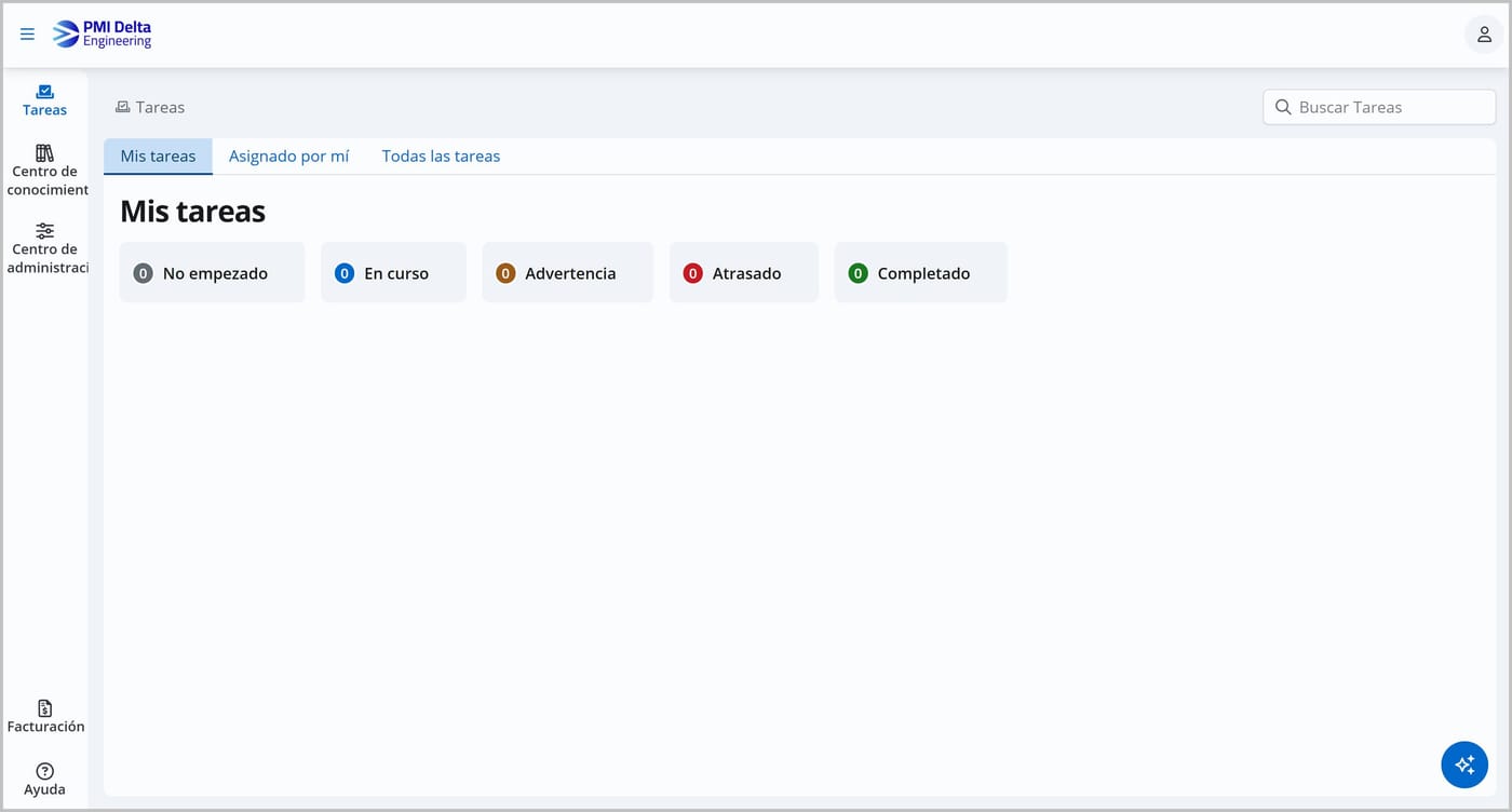 The tasks page in Joy, showing all UI elements in Spanish. The sidebar navigation on the left includes "Tareas," "Centro de conocimient," "Centro de administracion," and "Ayuda." The main content area shows headings and buttons for "Mis tareas," "Asignado por mi," and "Todas las tareas."