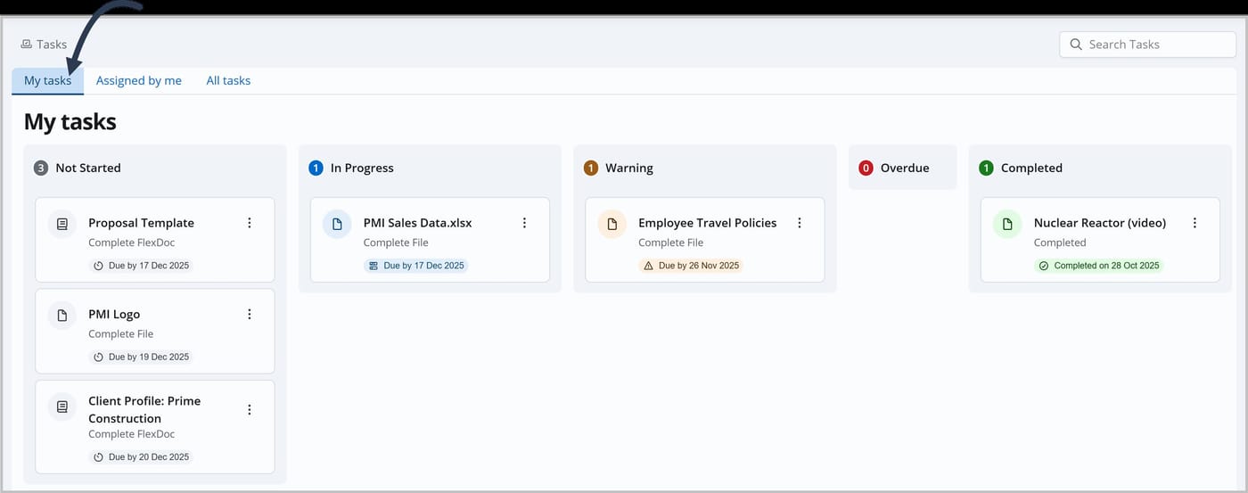 The Tasks page, showing the Assigned by me tab. An arrow is pointing to the Assigned by me tab.