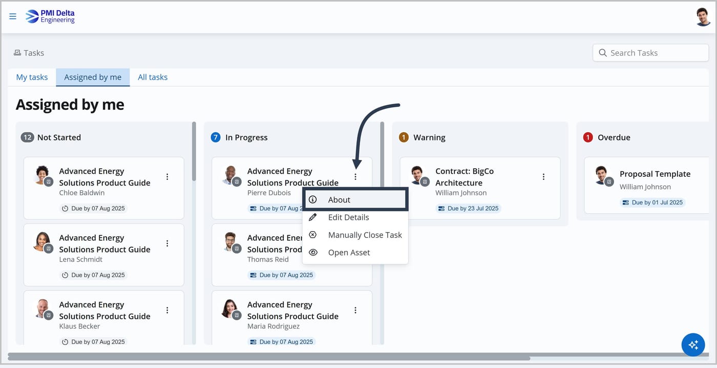 The Tasks page. The More Actions icon has been clicked for a task called Advanced Energy Solutions Product Guide. Several options are shown including About, Edit Details, Manually Close Task, and Open Asset. An arrow is pointing to the About option.