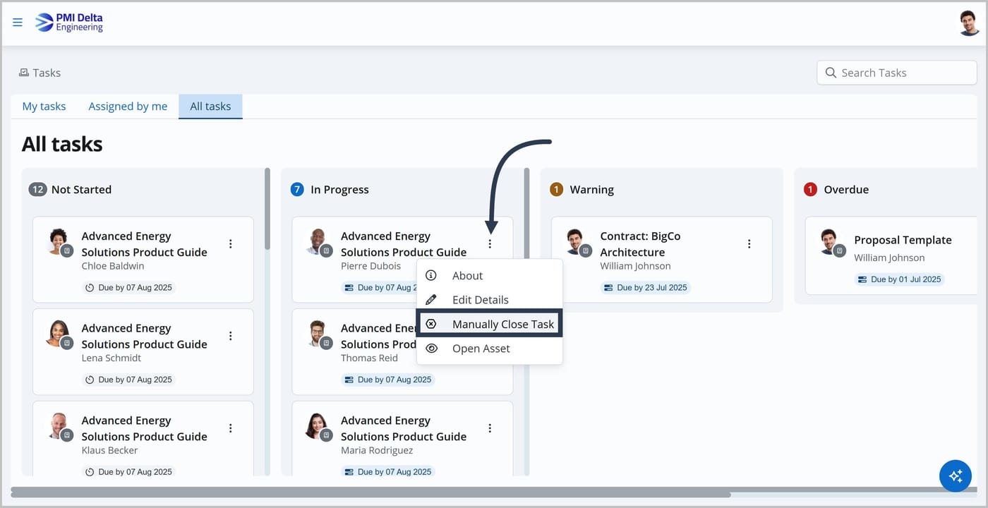 The Tasks page. The More Actions icon has been clicked for a task called Advanced Energy Solutions Product Guide. Several options are shown including About, Edit Details, Manually Close Task, and Open Asset. An box highlights the Manually Close Task option.