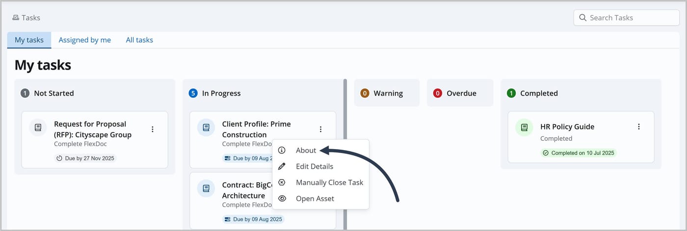 The Tasks page. The More Actions icon has been clicked for a task called Client Profile: Prime Construction. Several options are shown, including About, Edit Details, Manually Close Task, and Open Asset. An arrow is pointing to the About option.