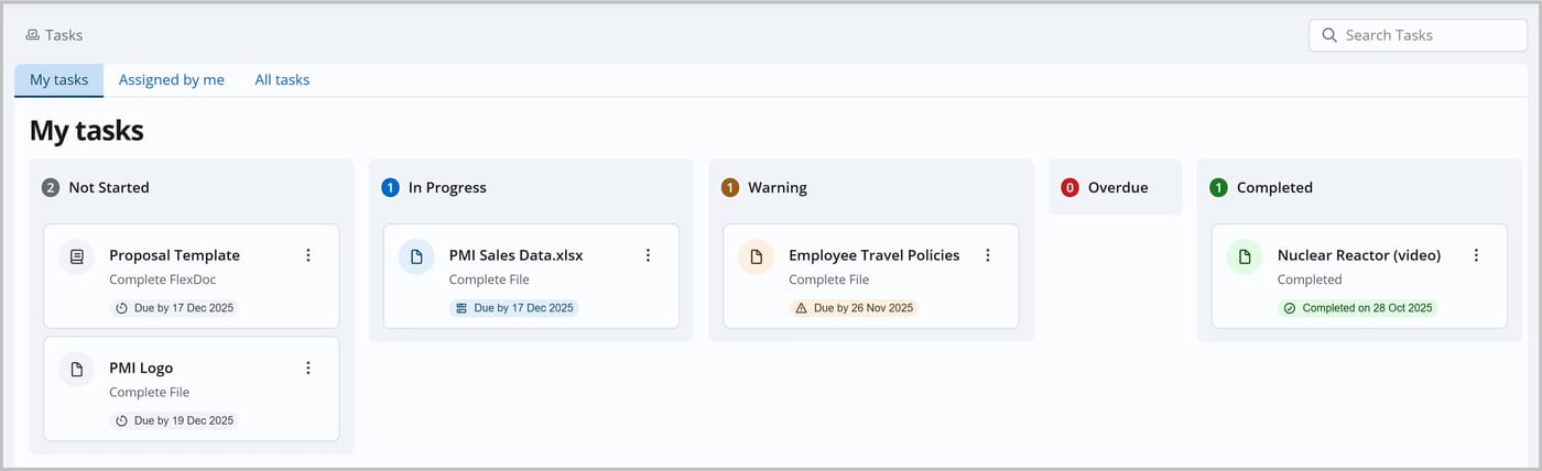 The Tasks page with the My tasks tab selected. Task cards are organized into columns for Not Started, In Progress, Warning, Overdue, and Completed.