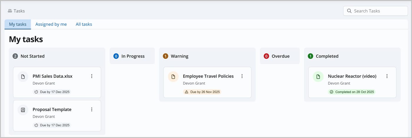 The Tasks page with the My tasks tab selected. Tasks are organized into columns labeled Not Started, In Progress, Warning, Overdue, and Completed.