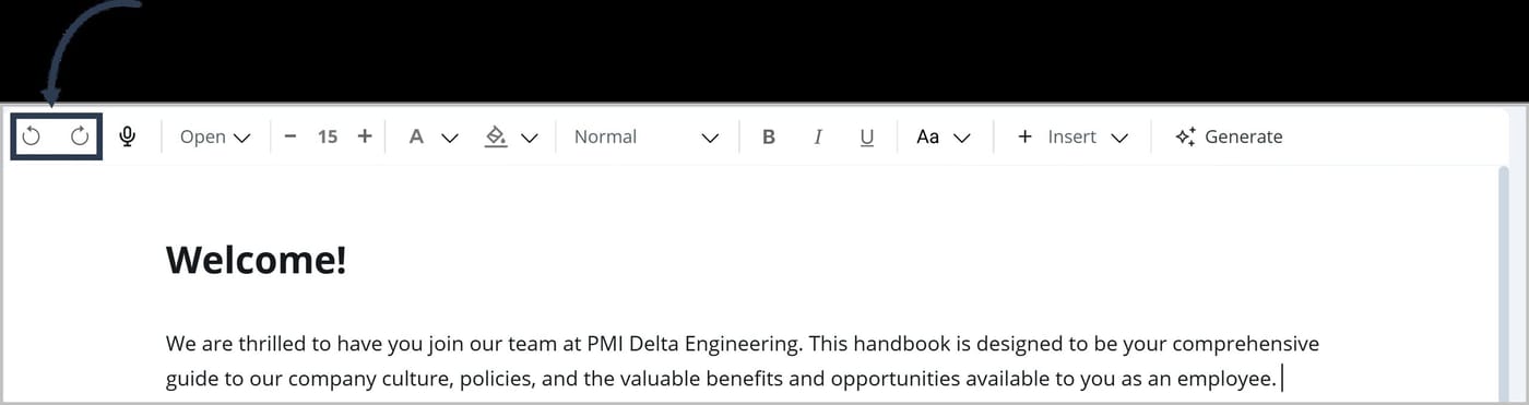 The toolbar in the FlexDoc Editor. A box appears around the Undo and Redo icons, along with an arrow pointing to the box.