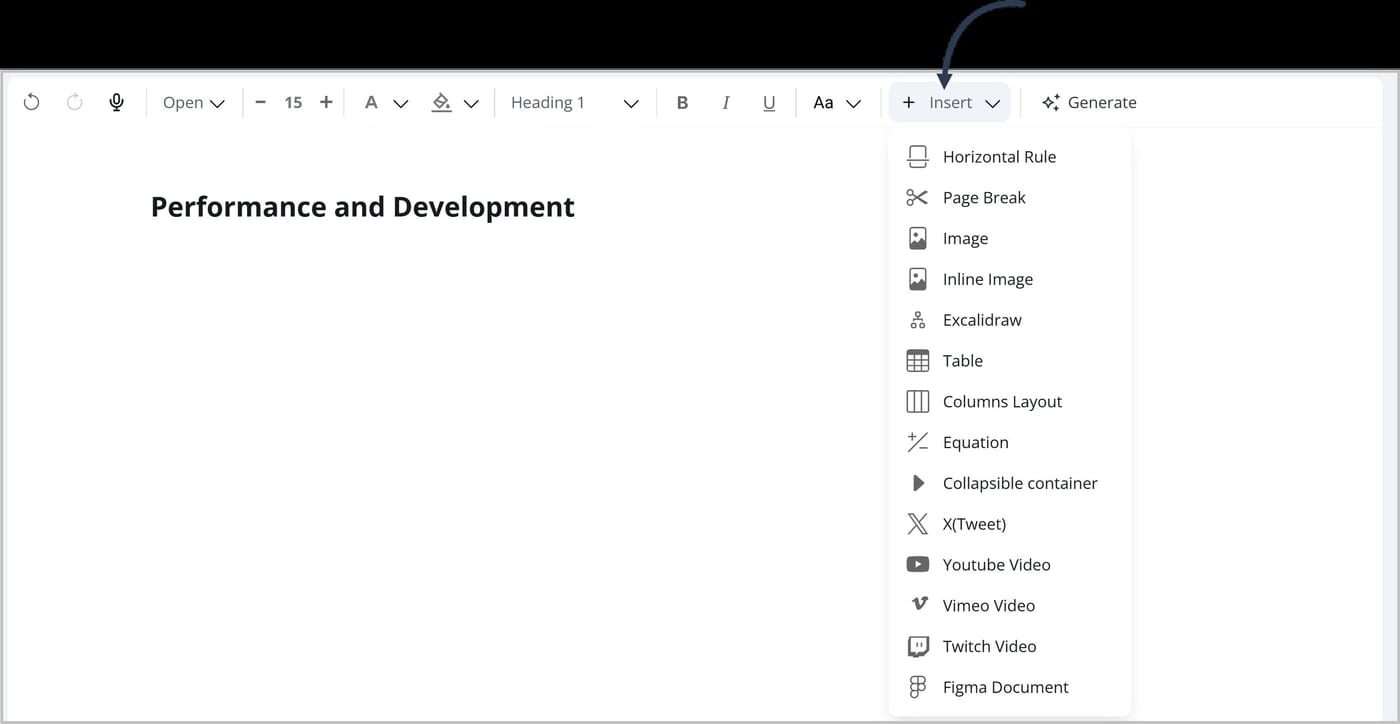 The toolbar in the FlexDoc Editor. The Insert option is selected, showing a list of block formatting options.