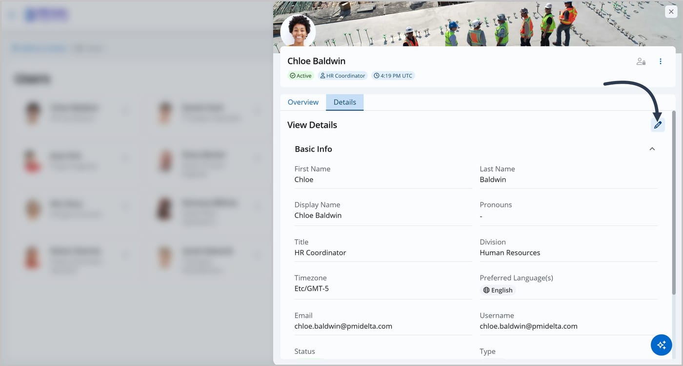 The User Admin panel with the Details tab shown and an arrow pointing to the Edit icon.