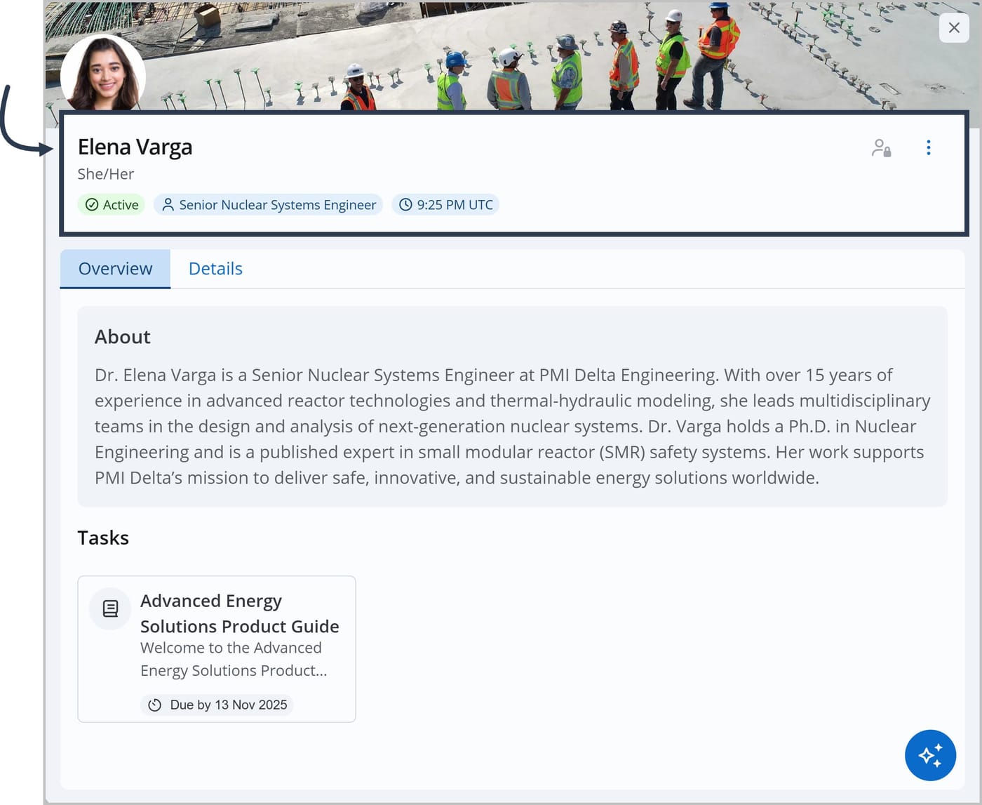 The User Admin panel for Elena Varga. An arrow points to the top of the panel, which  shows her name, title, time zone and other information.