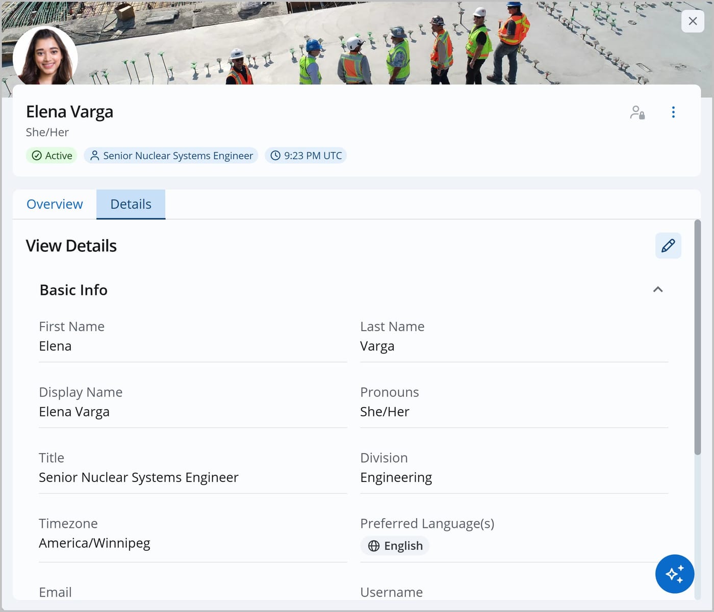 The User Admin panel for Elena Varga. The Details tab is shown, displaying her detailed user information.