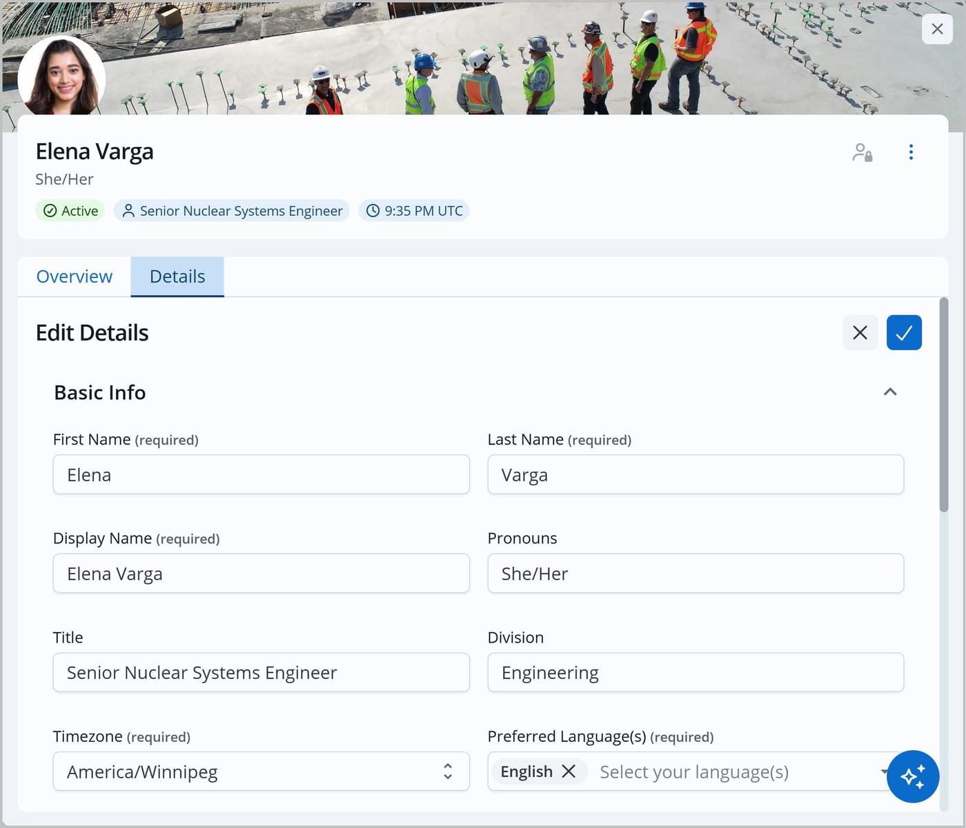 The User Admin panel for Elena Varga. The Details tab is shown, showing the editable fields for the user.
