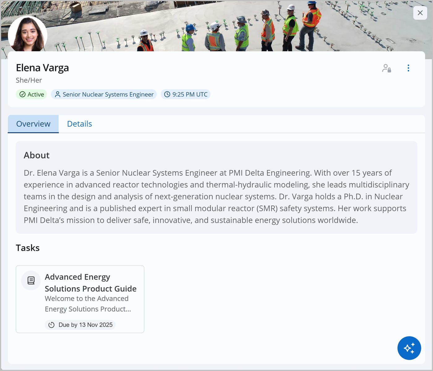 The User Admin panel for Elena Varga. The Overview tab is shown, displaying an About section with her professional description and a Tasks section listing her assigned tasks.