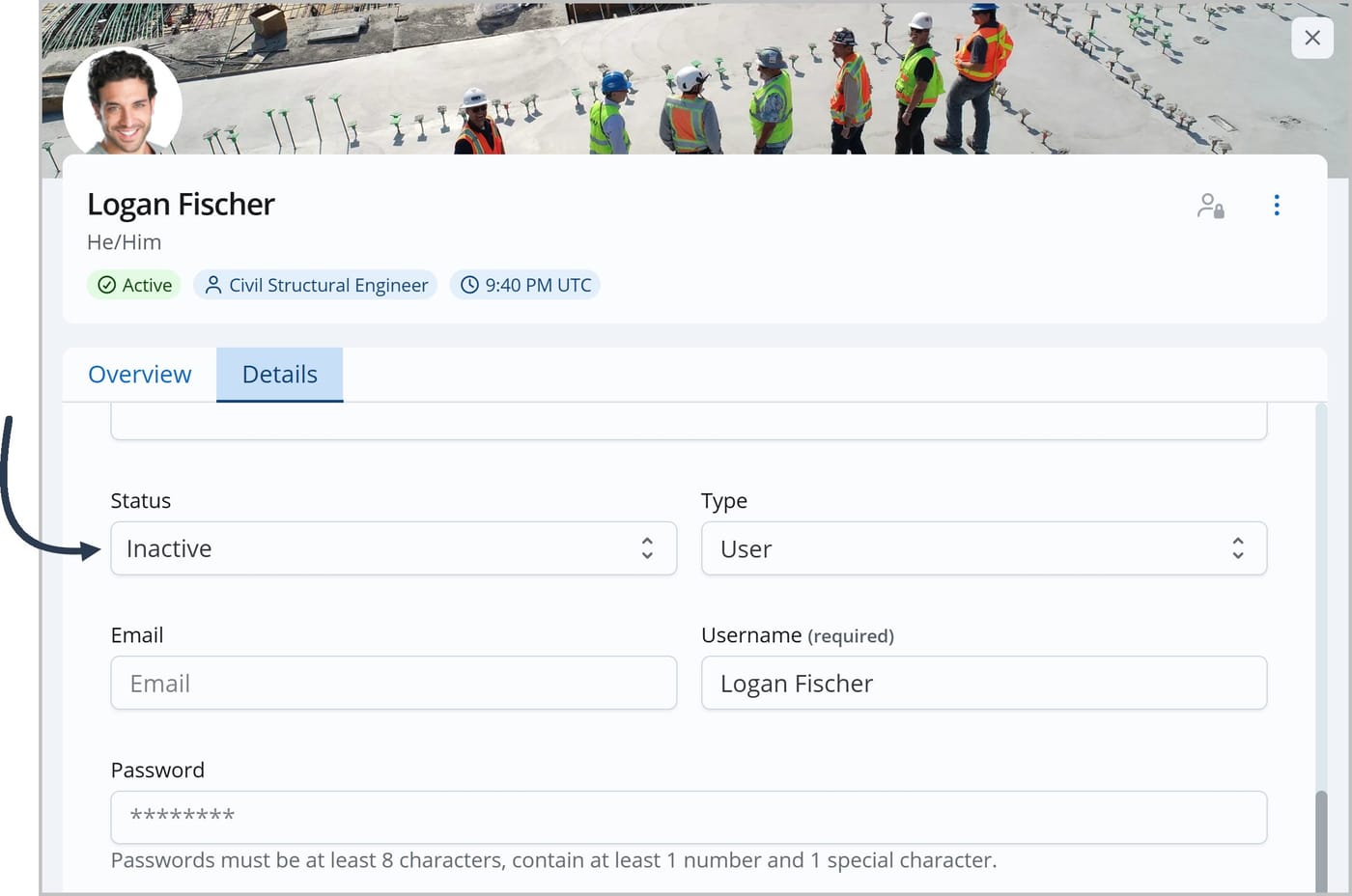 The User Admin panel for Logan Fischer. The Details tab is shown, and an arrow points to the Status field, which currently displays Inactive.