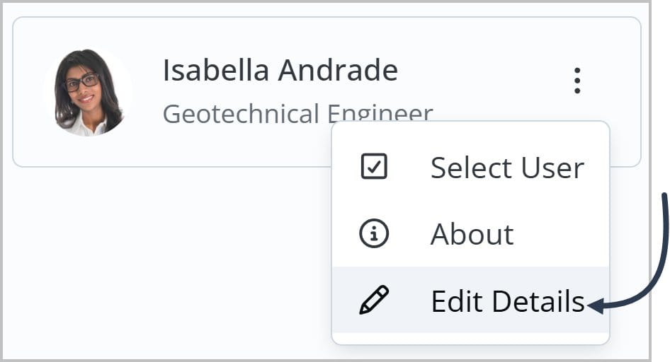 The user card for Isabella Andrade with the More Actions dropdown open. An arrow points to the Edit Details option.