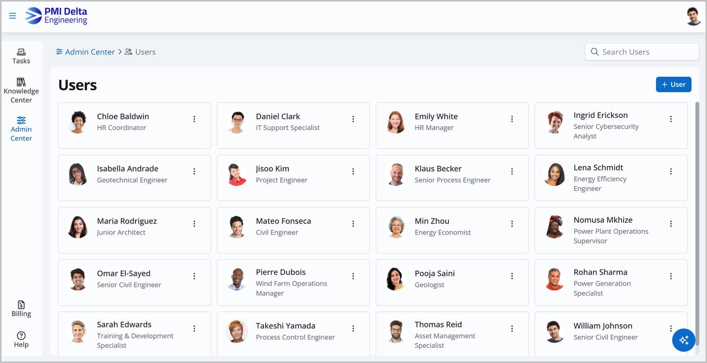 The Users page, displaying user cards with names, titles, and profile pictures.