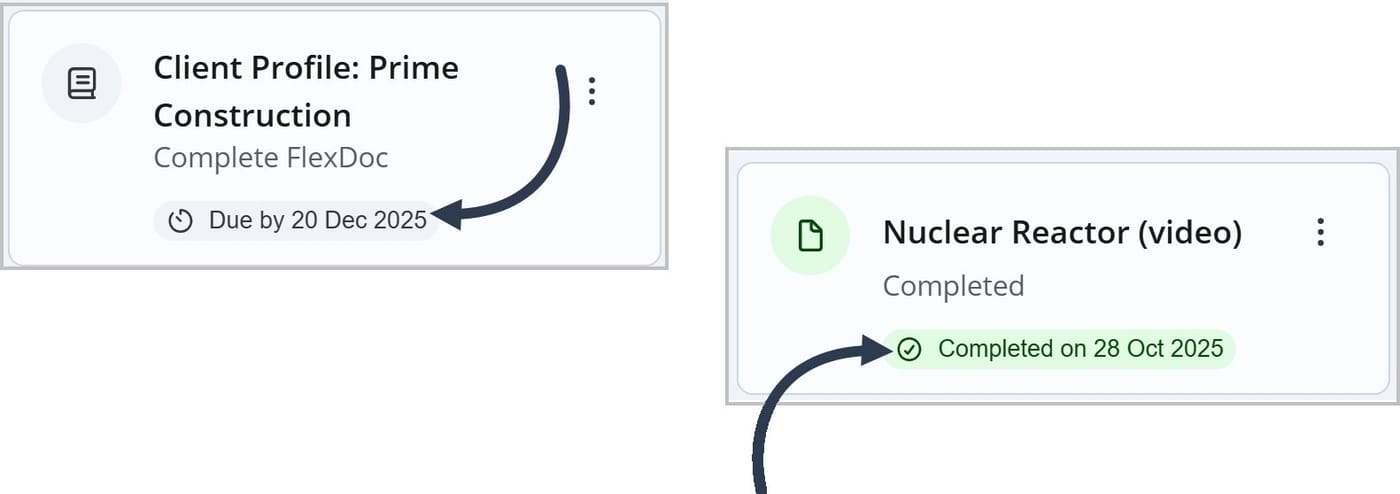 Two task cards. An arrow points to the due date on the first card. A second arrow points to the completion date on the second card.